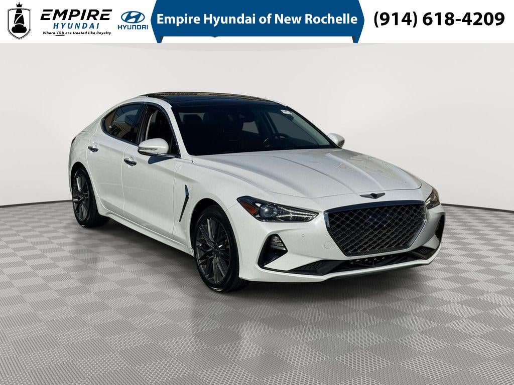 2019 Genesis G70 2.0T Advanced in Casablanca White — front three-quarter view