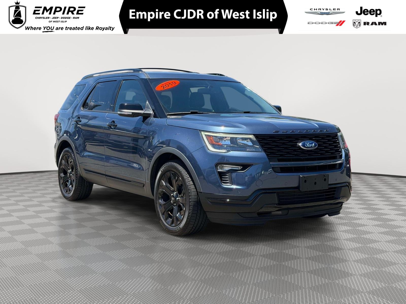 2019 Ford Explorer Sport in Blue Metallic — front three-quarter view