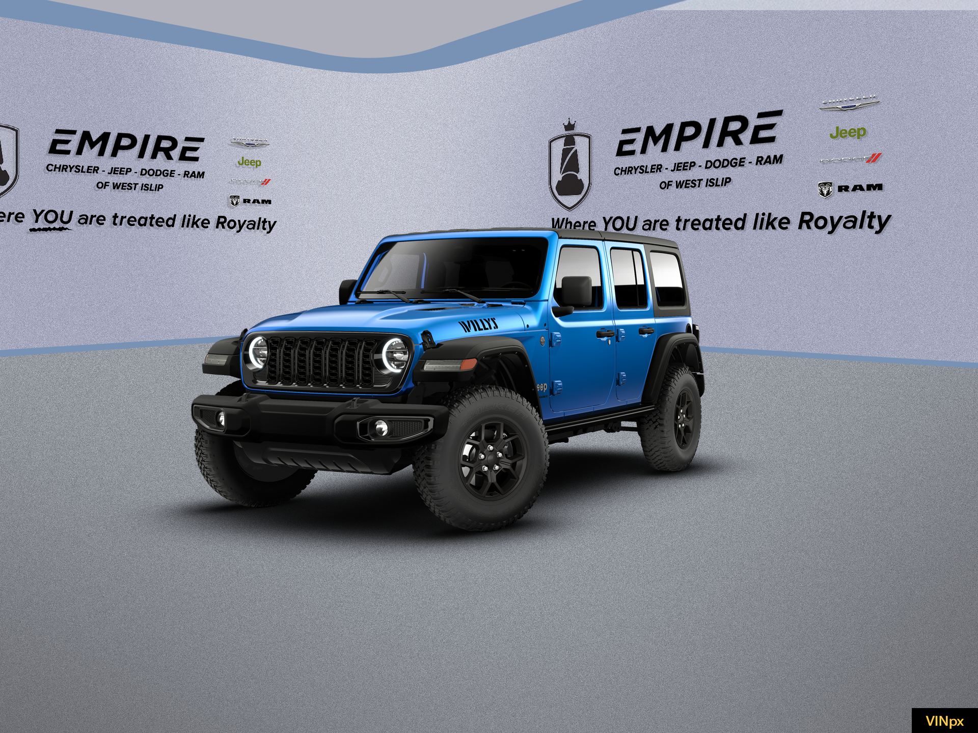 2026 Jeep Wrangler WRANGLER 4-DOOR WILLYS in Hydro Blue Pearl-Coat Exterior Paint — front three-quarter view