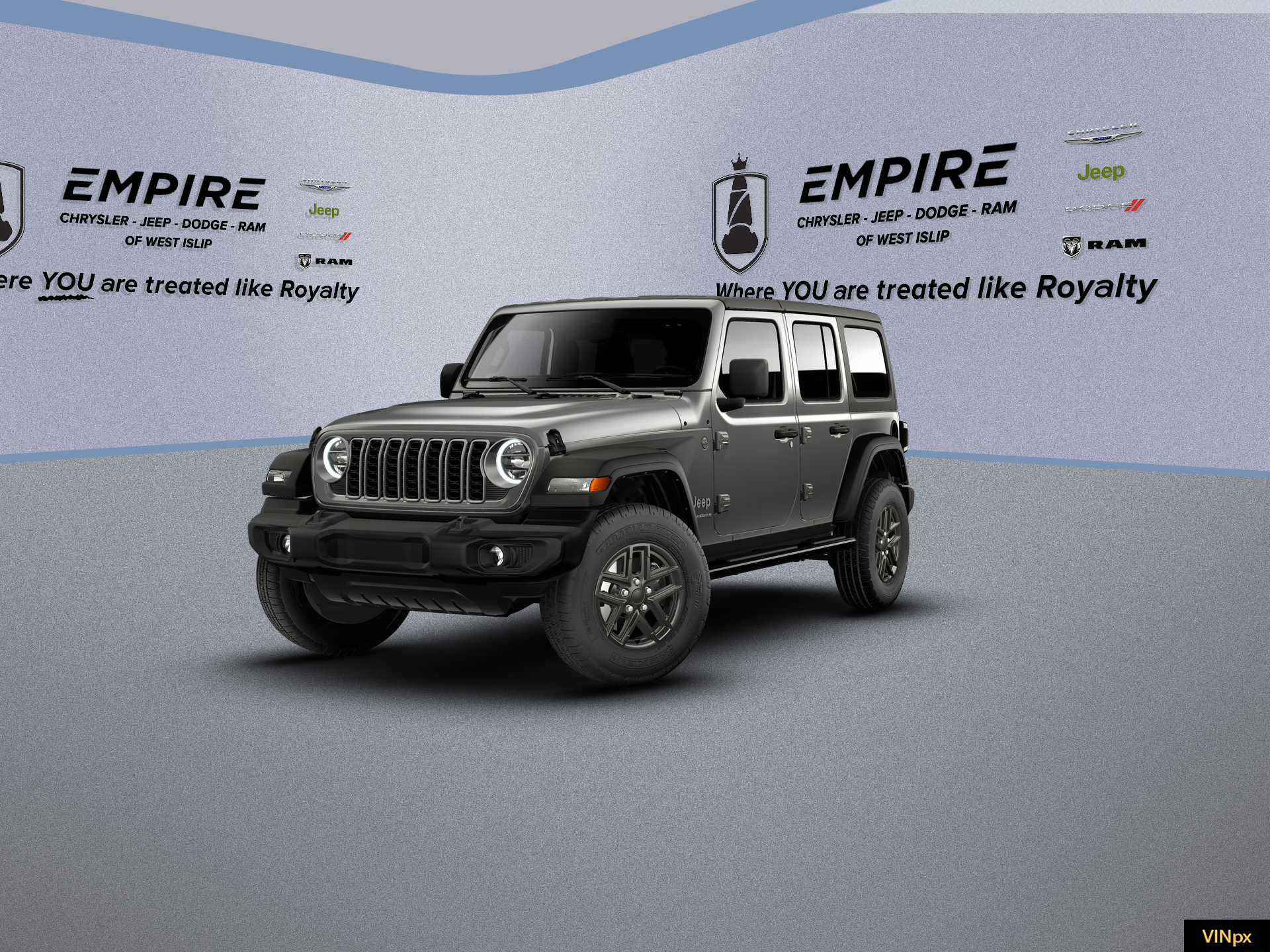 2026 Jeep Wrangler WRANGLER 4-DOOR SPORT S in Granite Crystal Metallic Clear-Coat Exterior Paint — front three-quarter view
