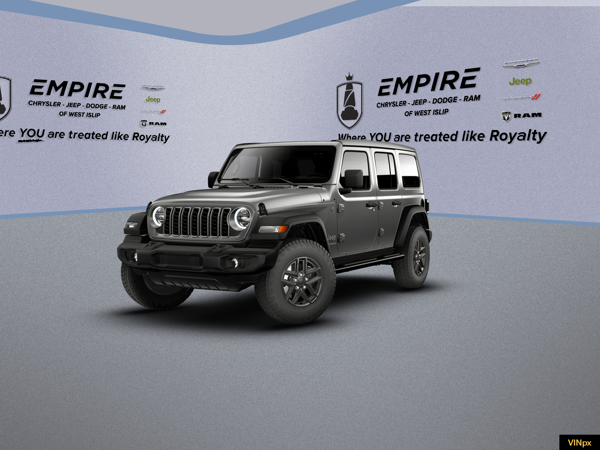 2026 Jeep Wrangler WRANGLER 4-DOOR SPORT S in Granite Crystal Metallic Clear-Coat Exterior Paint — front three-quarter view
