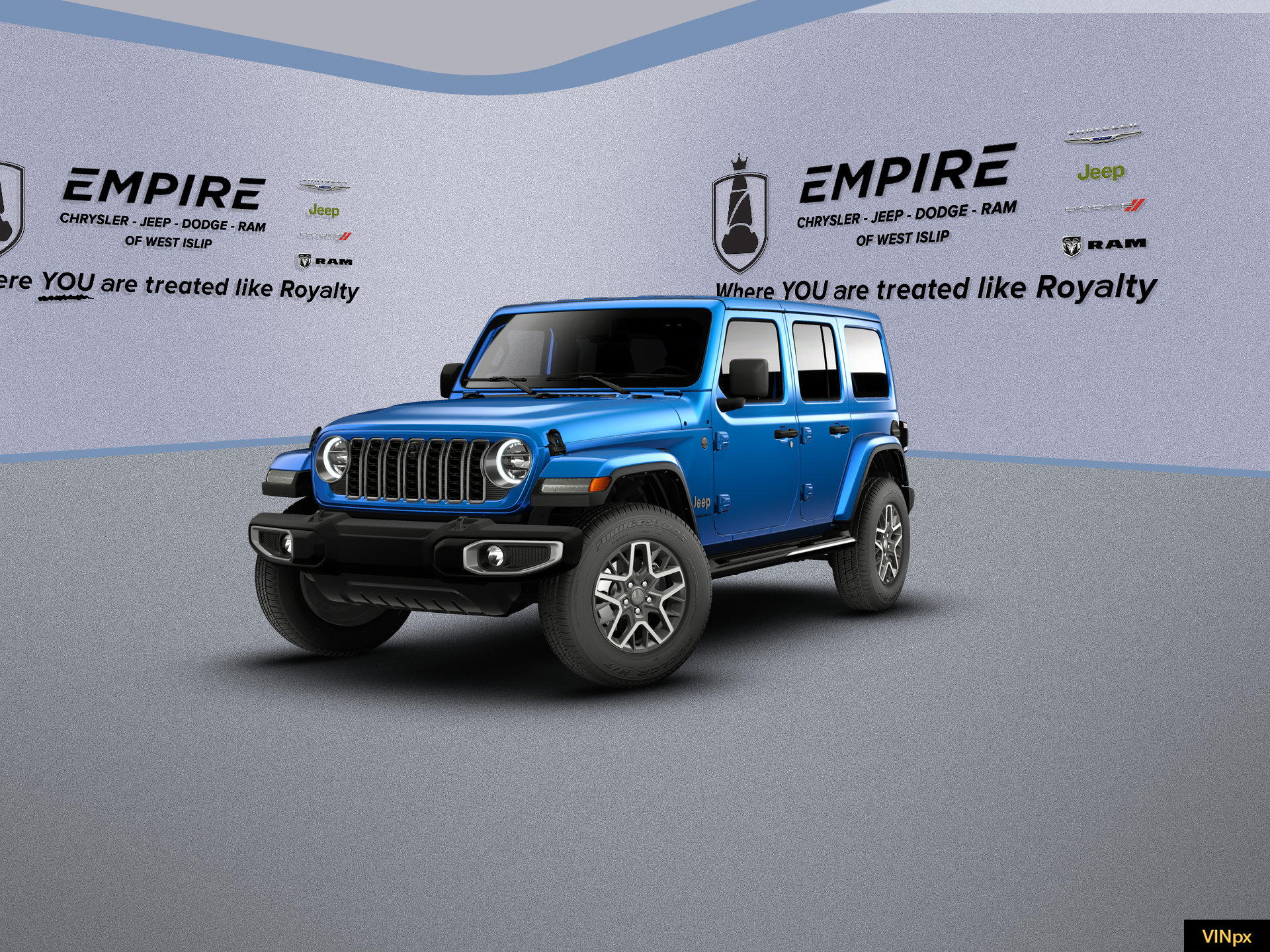 2026 Jeep Wrangler WRANGLER 4-DOOR SAHARA in Hydro Blue Pearl-Coat Exterior Paint — front three-quarter view