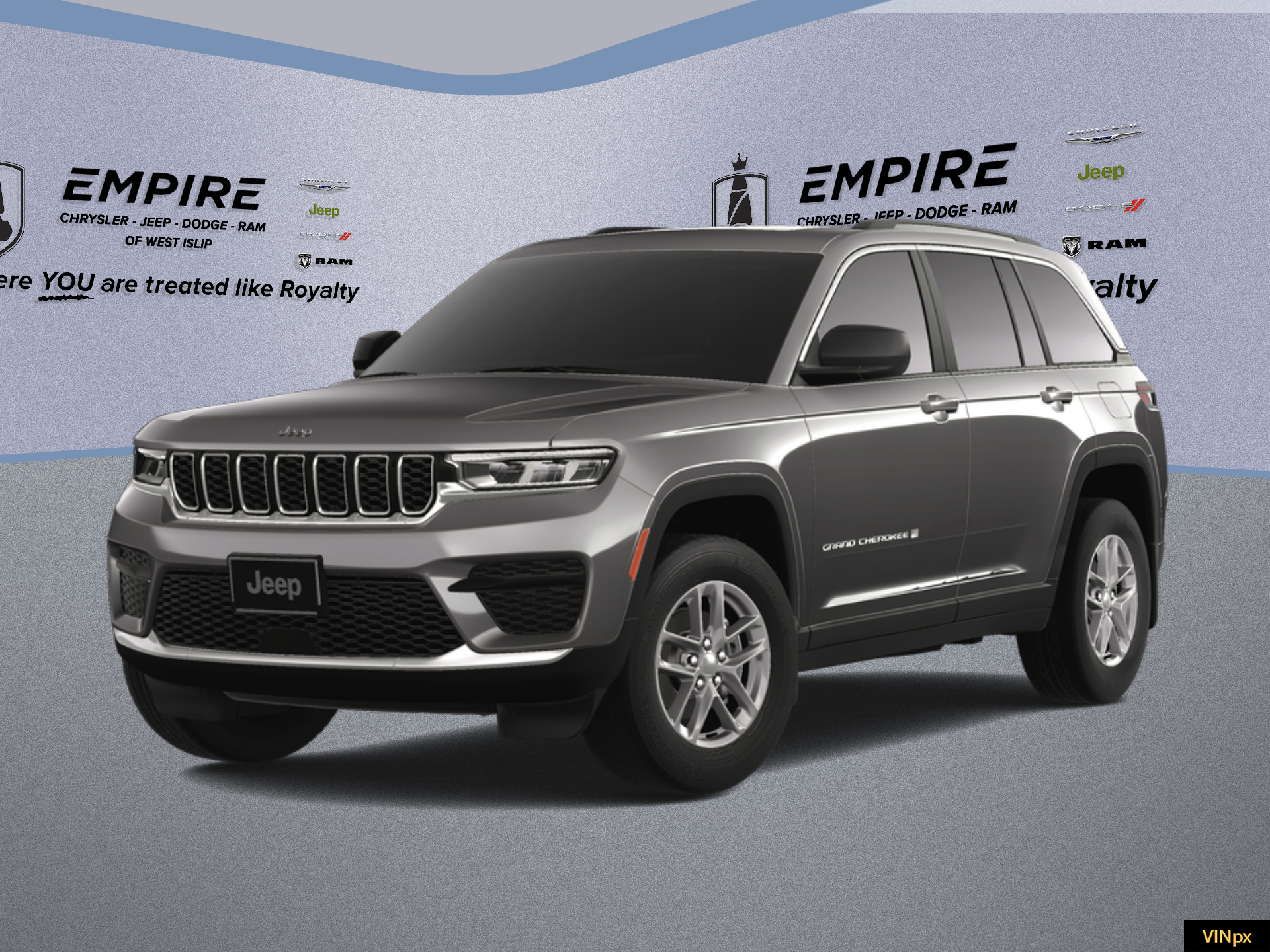 2025 Jeep Grand Cherokee GRAND CHEROKEE LAREDO X 4X4 in Baltic Gray Metallic Clear-Coat Exterior Paint — front three-quarter view