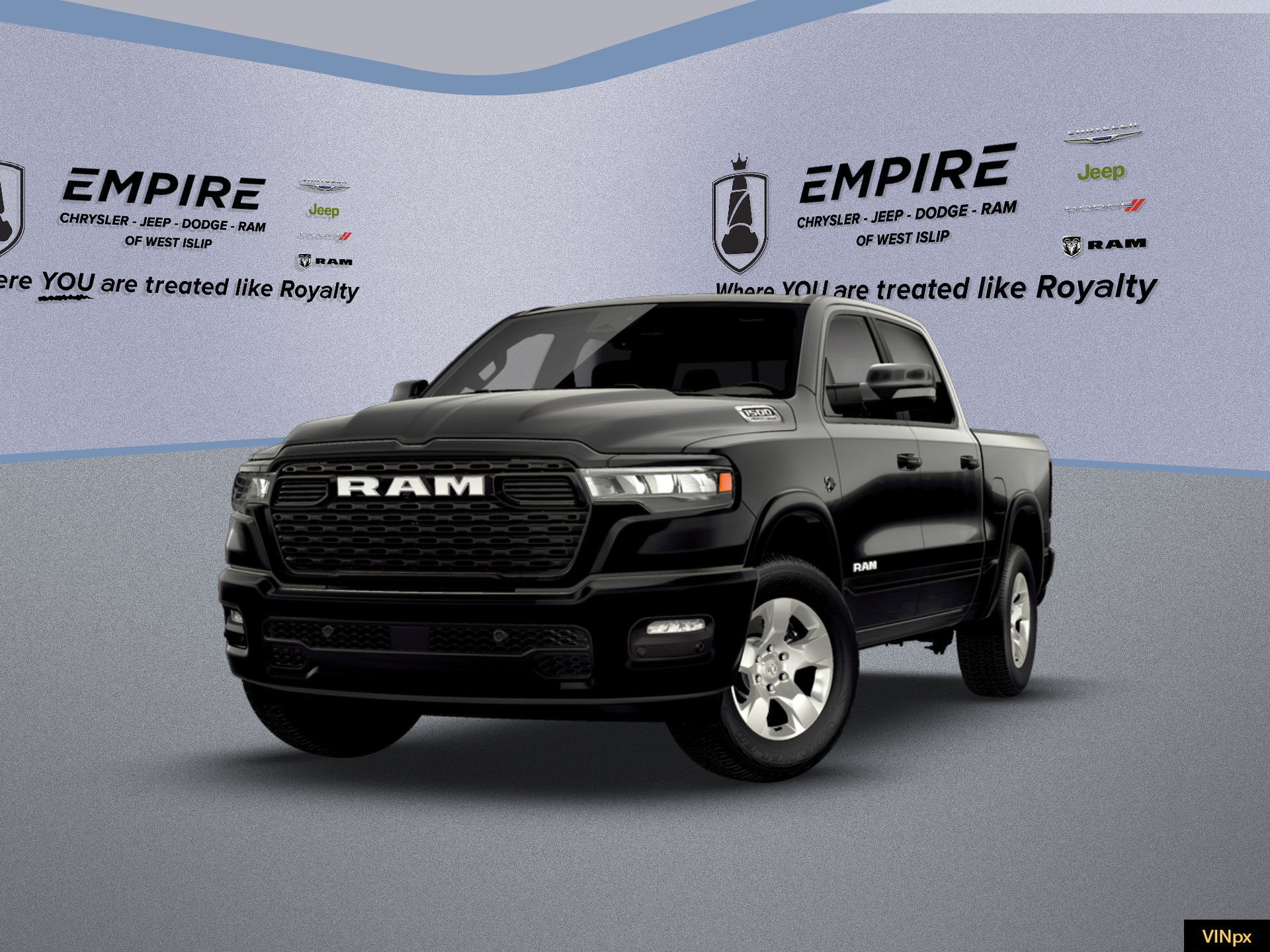 2026 RAM Ram 1500 RAM 1500 BIG HORN CREW CAB 4X4 5'7' BOX in Diamond Black Crystal Pearl-Coat Exterior Paint — front three-quarter view