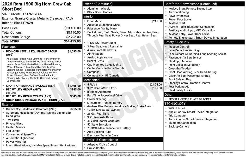 2026 RAM 1500 Big Horn/Lone Star in Granite Crystal Metallic Clearcoat — front three-quarter view