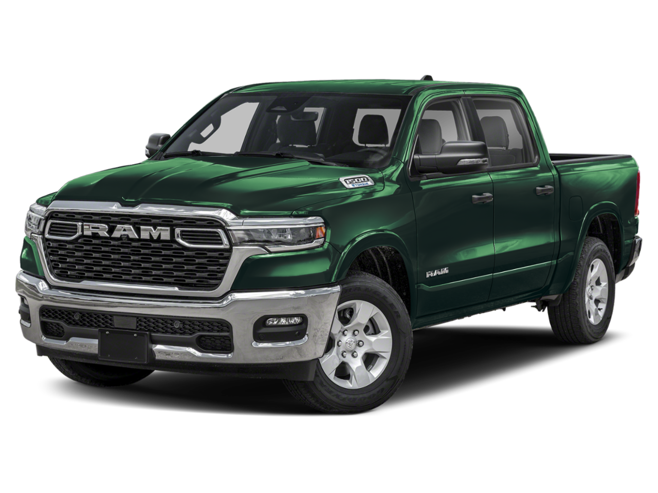 2026 RAM Ram 1500 RAM 1500 BIG HORN CREW CAB 4X4 5'7' BOX in Serrano-Green Metallic Exterior Paint — front three-quarter view