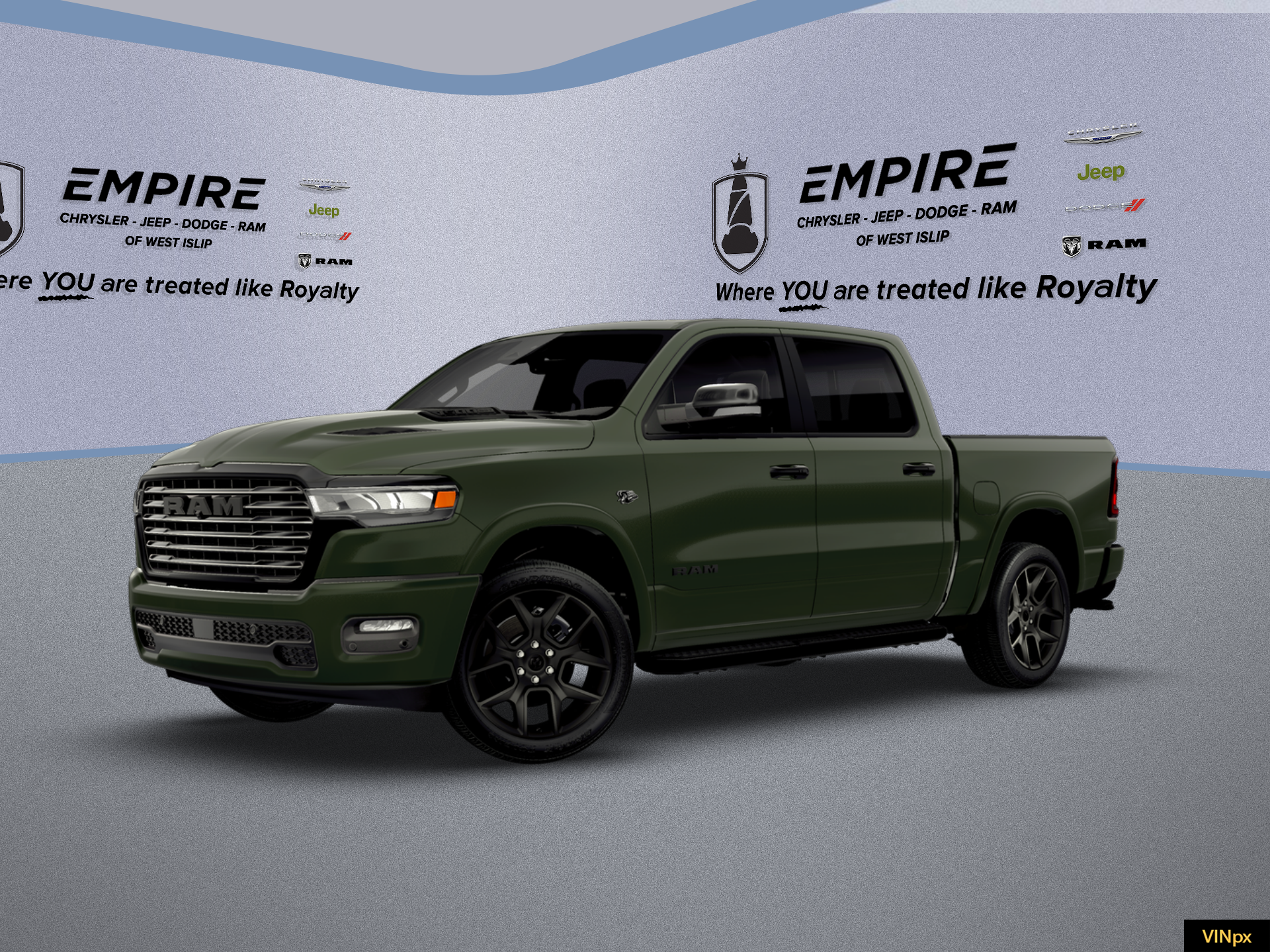 2026 RAM Ram 1500 RAM 1500 LARAMIE CREW CAB 4X4 5'7' BOX in Serrano-Green Metallic Exterior Paint — front three-quarter view