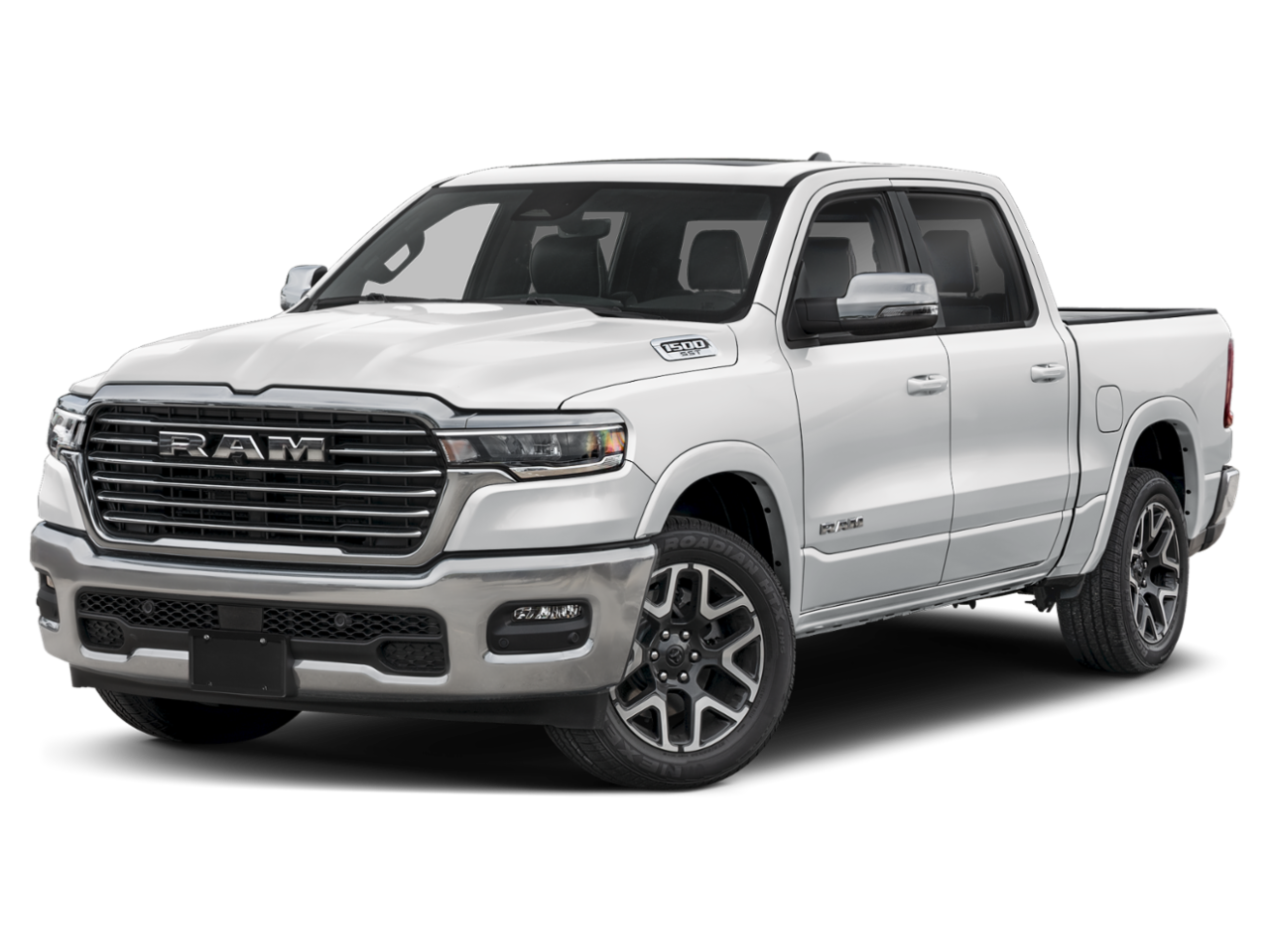 2026 RAM Ram 1500 RAM 1500 LARAMIE CREW CAB 4X4 5'7' BOX in Bright White Clear-Coat Exterior Paint — front three-quarter view