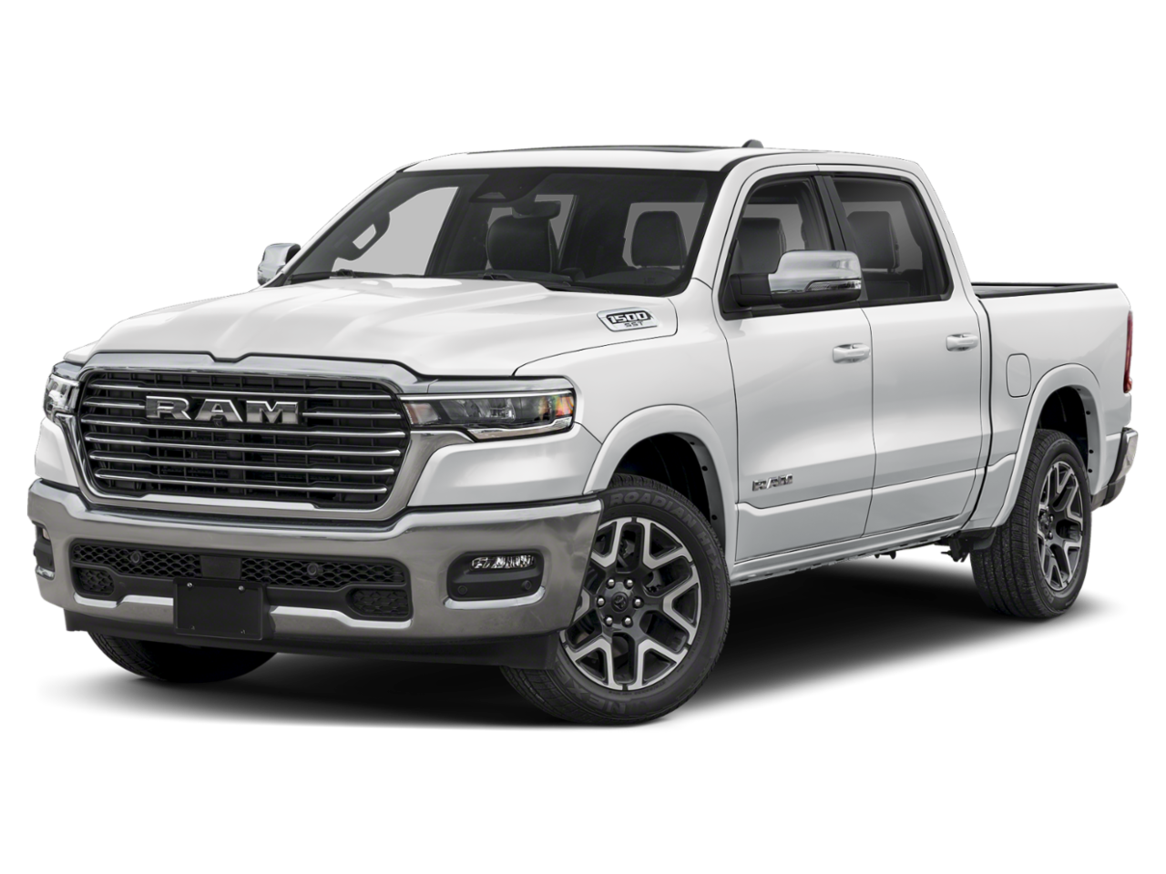2026 RAM Ram 1500 RAM 1500 LARAMIE CREW CAB 4X4 5'7' BOX in Bright White Clear-Coat Exterior Paint — front three-quarter view