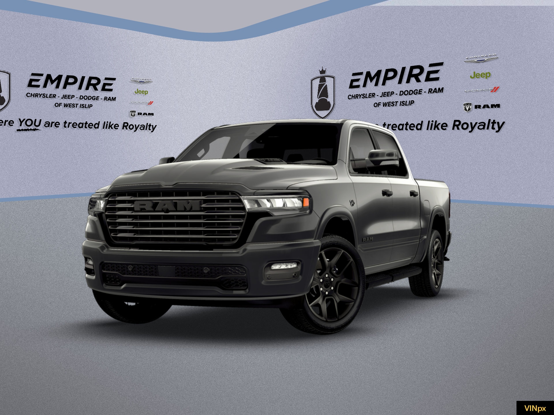 2026 RAM Ram 1500 RAM 1500 LARAMIE CREW CAB 4X4 5'7' BOX in Granite Crystal Metallic Clear-Coat Exterior Paint — front three-quarter view