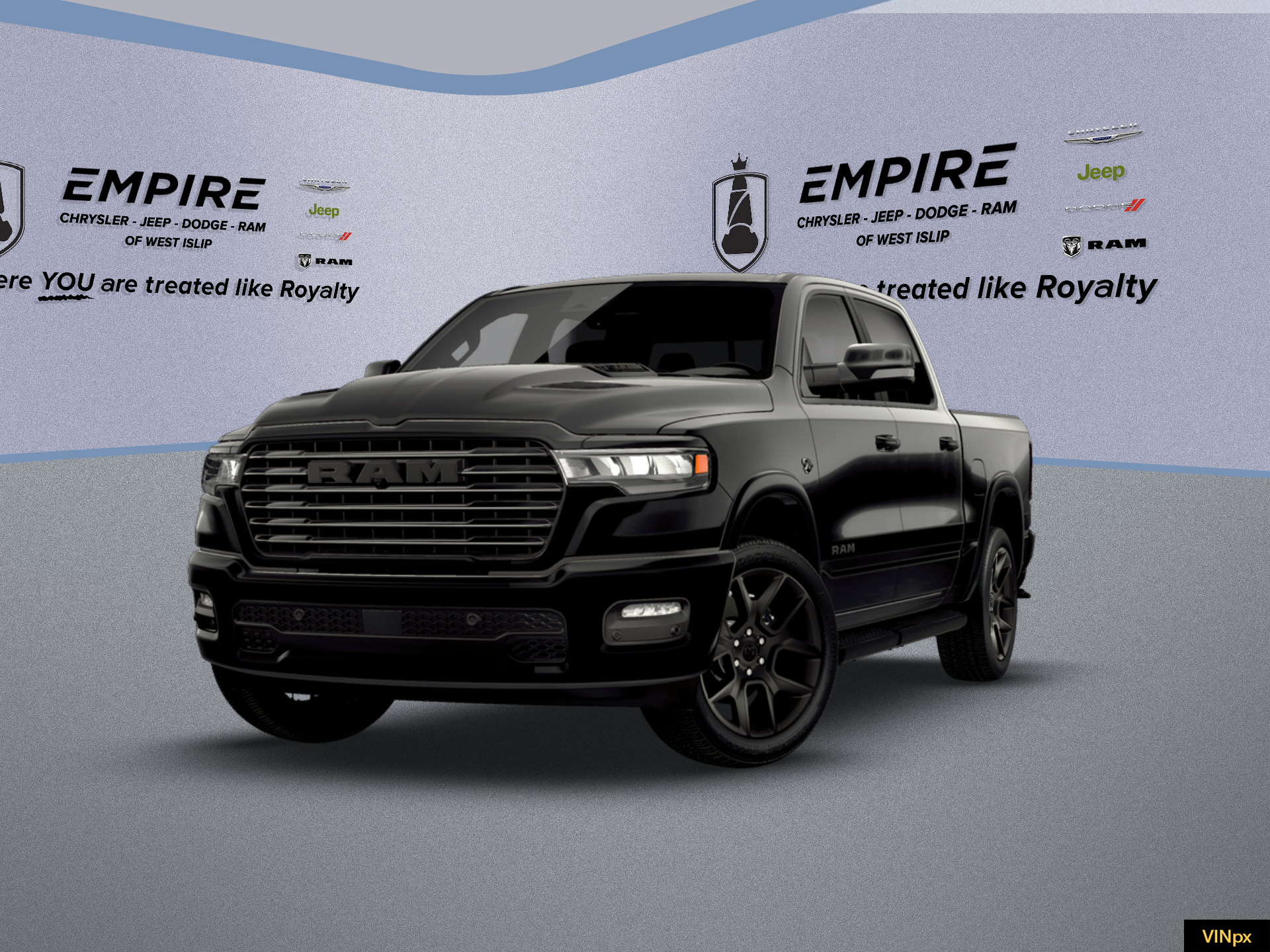 2026 RAM Ram 1500 RAM 1500 LARAMIE CREW CAB 4X4 5'7' BOX in Diamond Black Crystal Pearl-Coat Exterior Paint — front three-quarter view