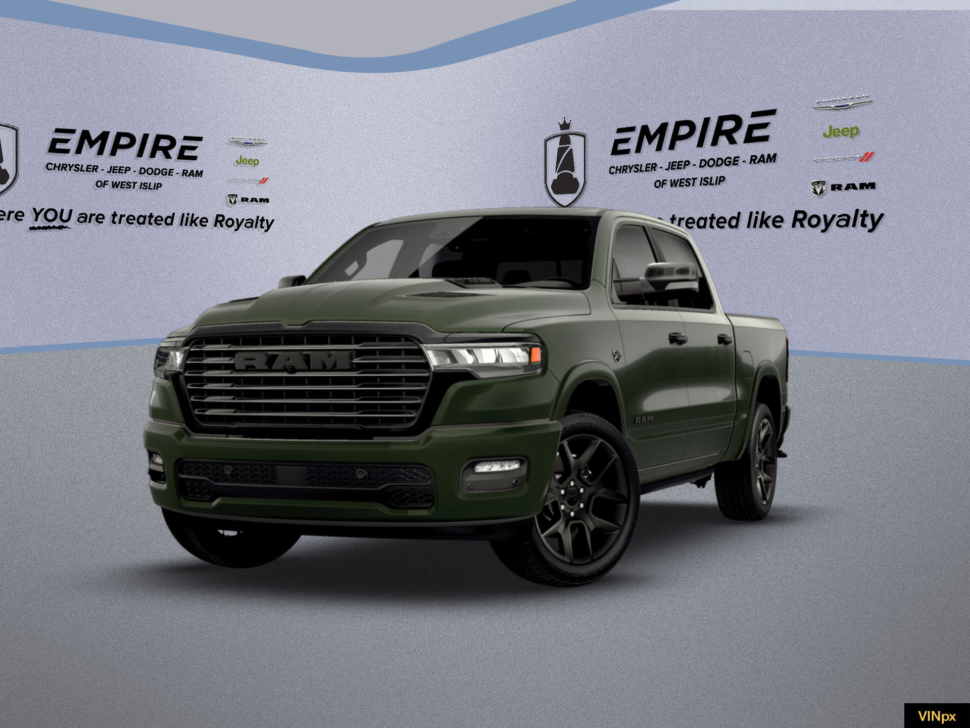 2026 RAM Ram 1500 RAM 1500 LARAMIE CREW CAB 4X4 5'7' BOX in Serrano-Green Metallic Exterior Paint — front three-quarter view
