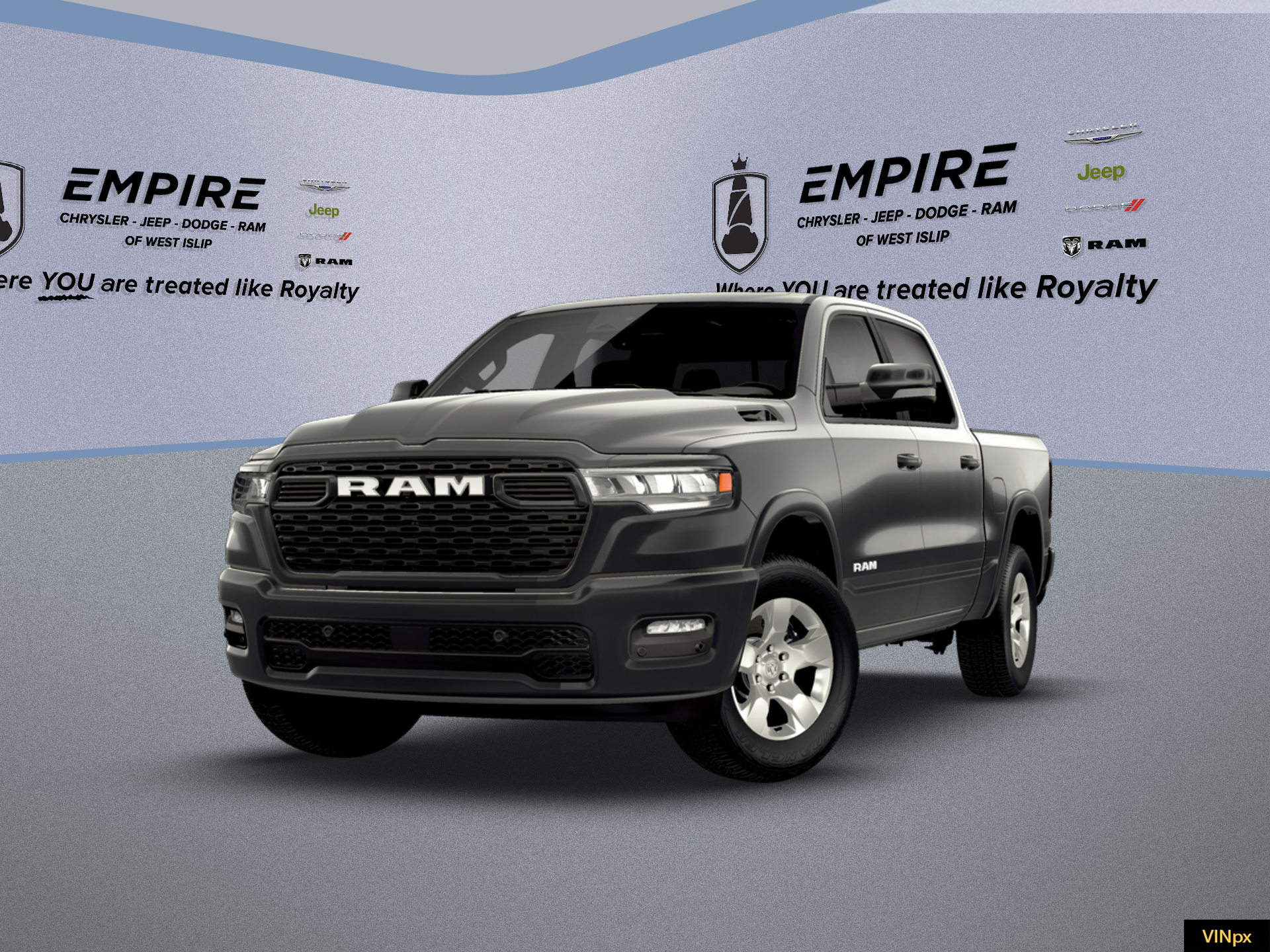 2026 RAM Ram 1500 RAM 1500 BIG HORN CREW CAB 4X4 5'7' BOX in Granite Crystal Metallic Clear-Coat Exterior Paint — front three-quarter view